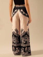 CAJUNI Women's Boho Tropical Bird & Plant Print Black Relaxed Straight Leg High Waist Casual Beach Pants, Khaki